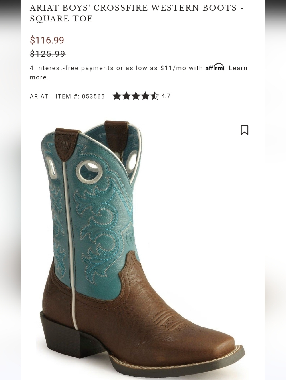 NWT Kids/Womens Ariat Crossfire Square toe Cowboy Boots 5Y or womens 6.5!